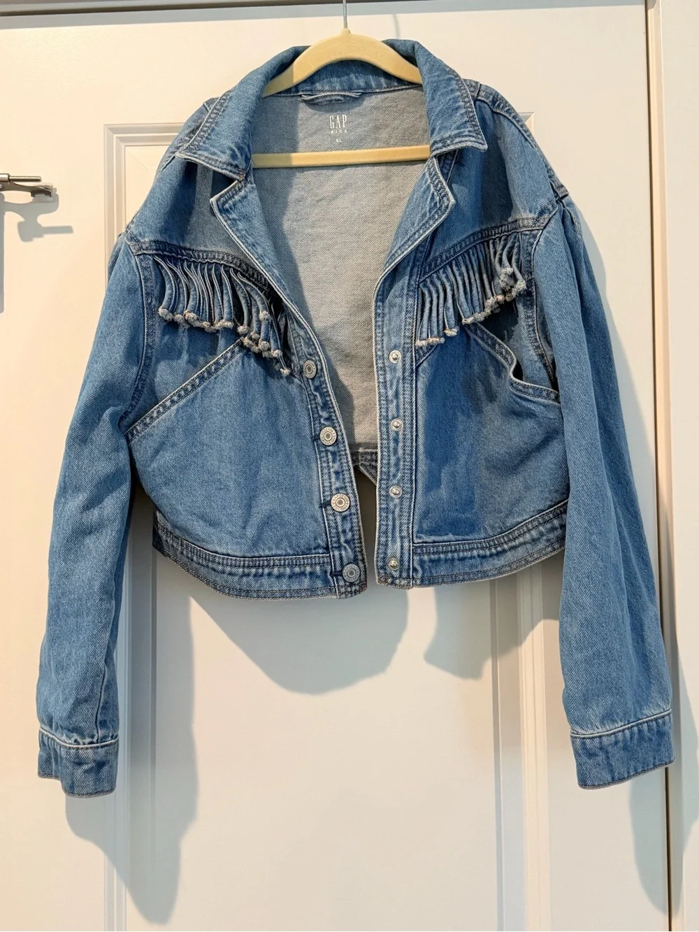 GAP Light Blue Denim Fringe Cropped Jacket